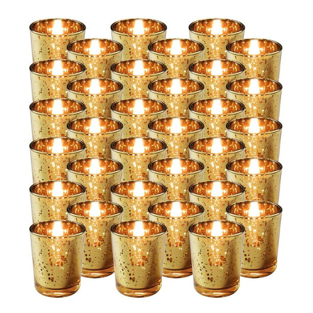 Gold Home Decoration Mercury Glass Tealight Candle Holders Bulk for Birthday Party Votive Candle Holder-Set of 12 Wedding Centerpieces for Table 